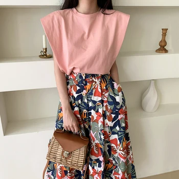

Summer Two Piece Set Elegant Womens Short Sleeve O-neck Tops and High Waist Vintage Floral Printed Long Skirt 2 Piece Sets