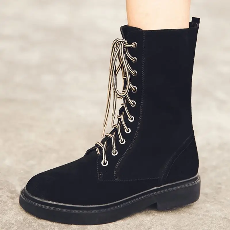 ZALAVOR Casual Women Motorcycle Boots Real Leather Comfortable Mid Calf Boots Shoes Woman Winter Warm Botas Footwear Size 33-43