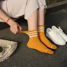 5 пар новых стильных женских Хлопковых Носков с двумя полосками в студенческом стиле, разноцветные спортивные женские носки