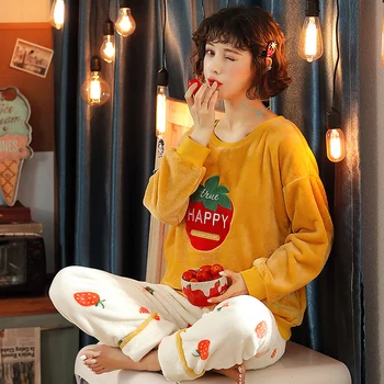 

Autumn Pijama Mujer Long Sleeve Women Flannel Pajamas Set Cartoon Casual Soft Big Size Female Coral Fleece Sleepwear Nightwear
