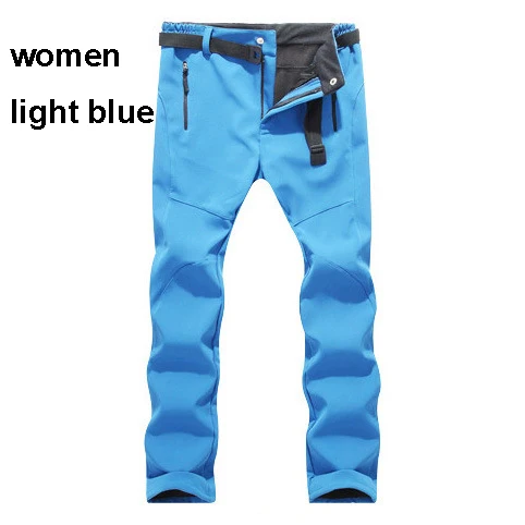 На температуру-30 градусов, Для женщин Для мужчин зимний лыжный треккинг Флисовая теплая флисовая брюки для девочек рыбалка кемпинг Пеший Туризм Лыжный Спорт Брюки Водонепроницаемый с защитой от ветра - Цвет: women light blue