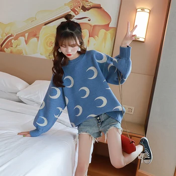 

Loose Fashion Knitted Pullover Moon Printed O-Neck Long Sleeve Pullovers and Sweaters Knitting Blue Plus Size Ladies Jumper Tops