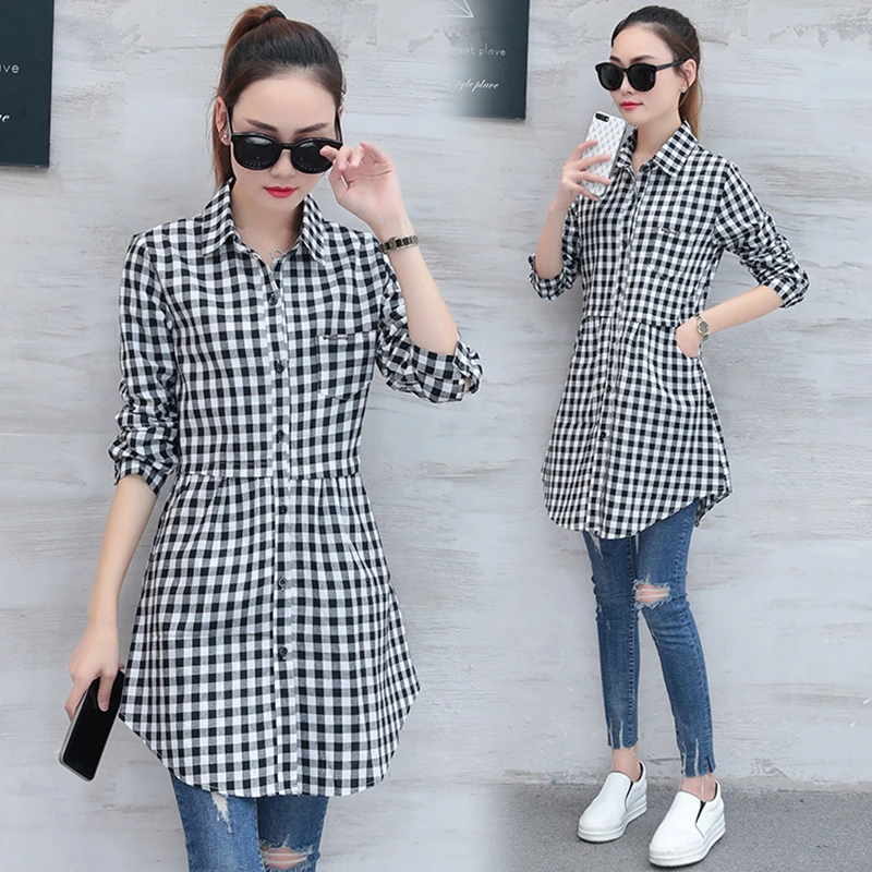 

Women Shirts Korean Fashion Long Cotton Plaid Shirts Women Elegant Slim Long Sleeve Spring Autumn Office Ladies Plaid Shirts