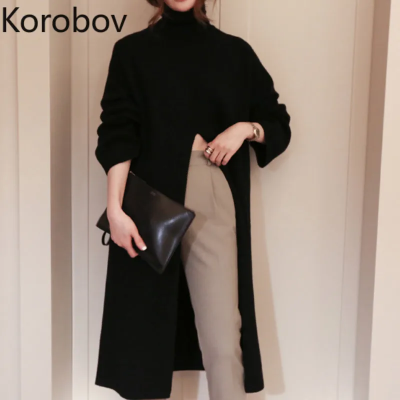 Korobov корейский сплошной уличная Сплит Женский свитер Harajuku Водолазка с длинным рукавом пуловер винтажная мода длинный свитер 78979