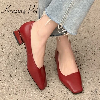 

Krazing pot natural leather square toe low square heels fashion beauty lady Chinese style noble shallow red wedding pumps L75