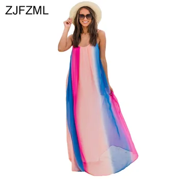 

Rainbow Gradient Sexy Bohemian Dress Women Spaghetti Strap Loose Long Beach Dress Plus Size Sleeveless Backless Summer Dress
