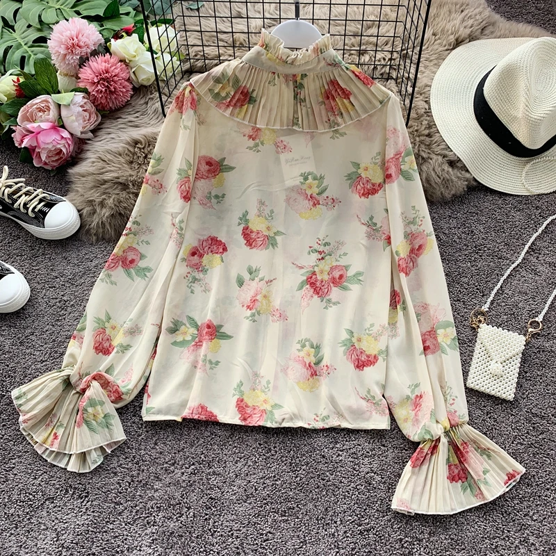 Neploe, женская шифоновая блузка, плиссированная, с оборками, из кусков, Blusas, топ, новинка, Корейская, расклешенная, с длинным рукавом, с цветочным принтом, рубашка 55846