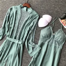 Шелковые пижамные комплекты из 2 предметов, пижамные платья, ночная рубашка с длинным рукавом, ночная рубашка с халатиком, Женская домашняя одежда, туника, одежда, комплект для сна