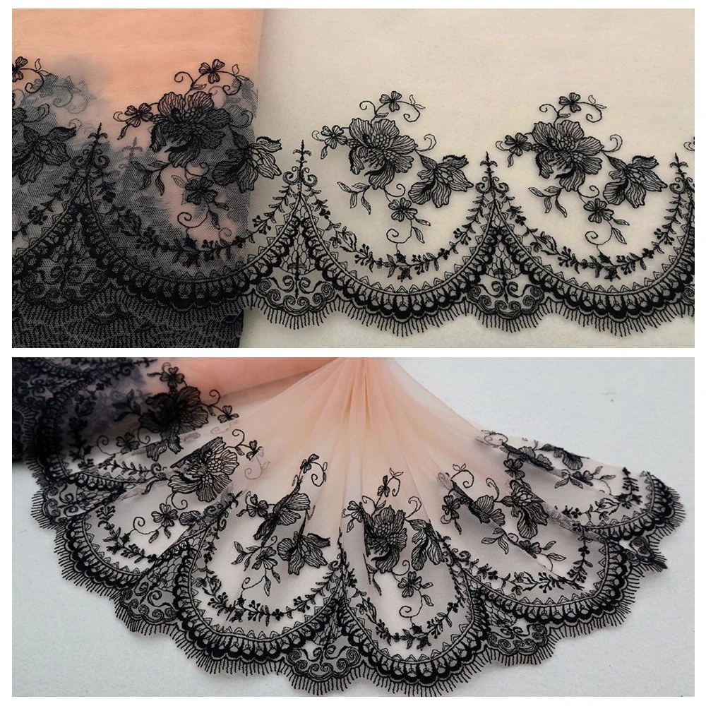 1Y Embroidered Floral Tulle Lace Trim Fabric~23cm Wide~Tanish Peach+Black~Secret Bloom~Fashion Color Elegant Design~Sewing/DIY~ | Дом и сад