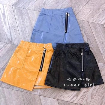 

Spring Autumn girls PU skirt baby irregular skirt kids skirt children streetwear faux leather crystal star side zipper 3 to 9 yr