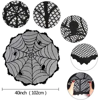 

40 Inch Round Halloween Lace Table Topper Black Spider Web Tablecloth for Halloween Table Decorations Scary Movie Night