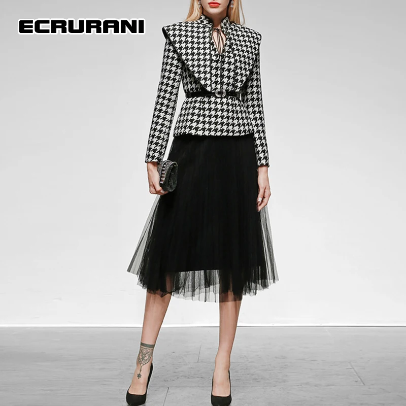 ECRURANI Colorblock Casual Two Piece Set For Female Stand Collar Long Sleeve Coats Patchwork Mesh Skirts 2021 Women's Skirt Suit women sexy mesh see through bodysuit 2021 female turtleneck long sleeve one piece body suits stretchy wild basic female y2k tops