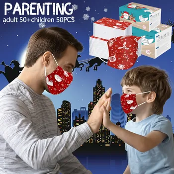 

100Pcs Parent-child New Christmas Disposable Safety Non-woven Disposable Mask Face Protector Masque 50pcs Adult&50pcs Child