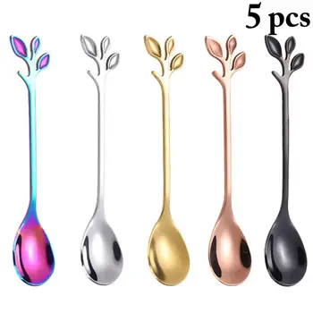 

5pcs/set Coffee Spoons Stainless Steel Creative Leaf Decor Tea Spoon Mixing Spoon Cup Accessories