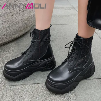 

ANNYMOLI Real Leather Platform Flats Motorcycle Boots Ankle Boots Women Shoes Round Toe Lace Up Lady Short Boots Autumn Winter