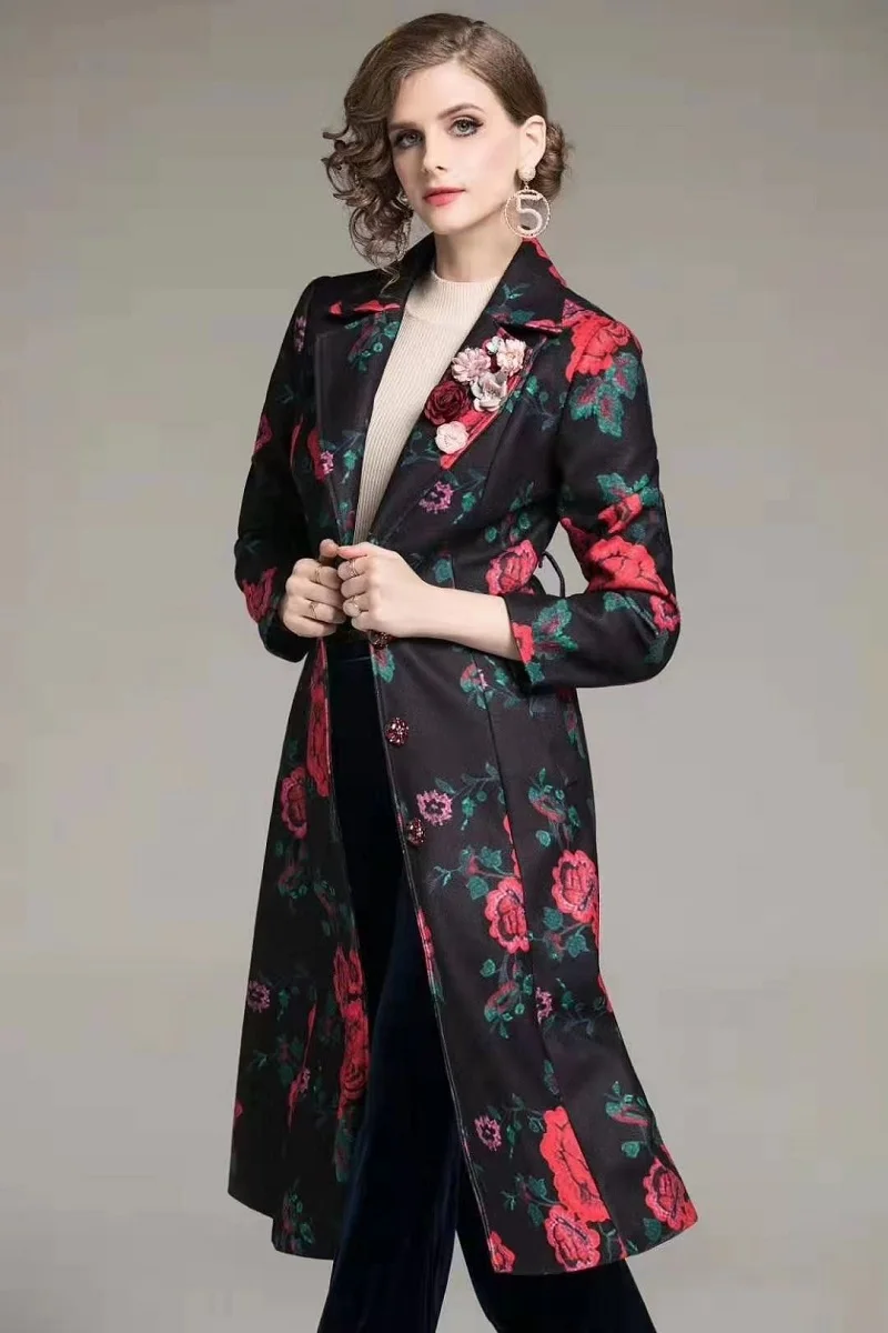 Casacos Feminino Autumn Winter Casual Overcoats Women Vintage Flower Print Single Breasted Long Sleeve Outwear Coat Female