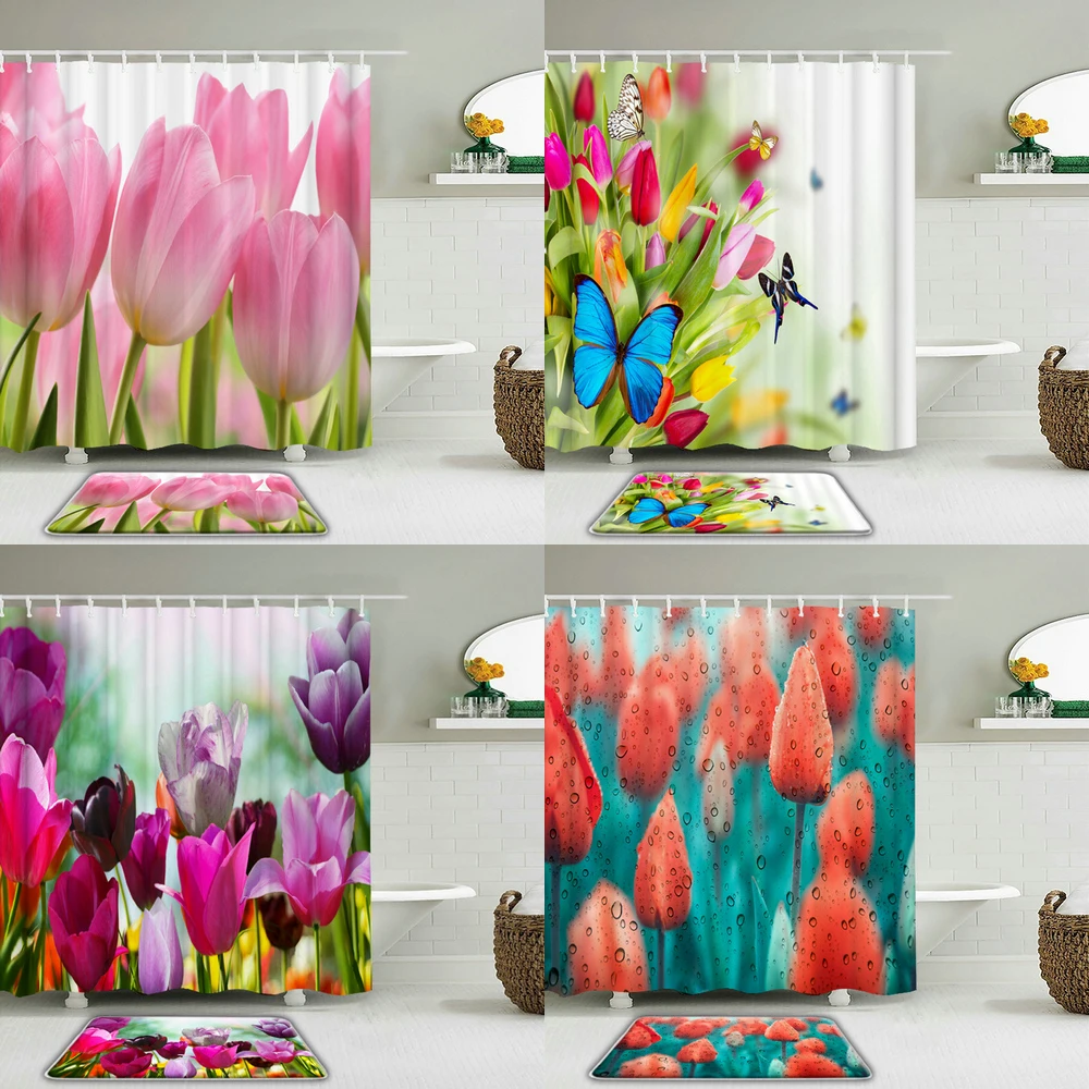 

2Pcs/Set Beautiful Colorful Flowers Tulip Printed Shower Curtain Set Non-slip Bath Mat Waterproof Bathroom Curtains Decoration