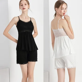 

Summer Pajamas with Chest Pad Female Modal Suspender Shorts Set Sweet and Sexy Large Size Home Service Pajamas Two-piece Set