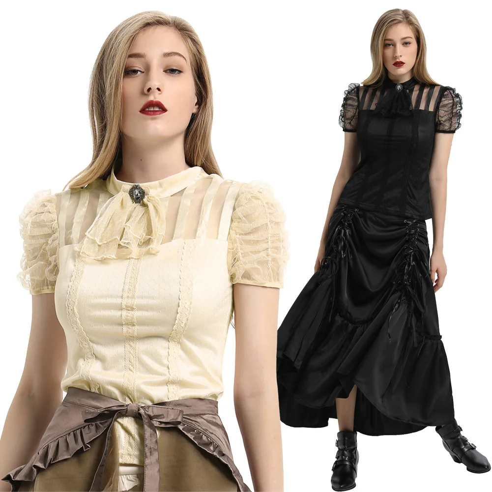 Водолазка femme blusa женская блузка с коротким рукавом из органзы стрейч сетчатый топ с пышными рукавами винтажный бежевый