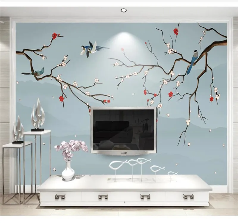 XUE SU Custom mural wallpaper family background wall new Chinese style flowers and birds hand-painted plum background wall