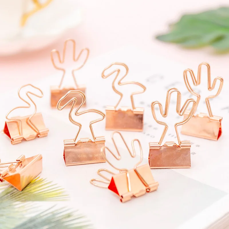 4PCS/Set Flamingos Cactus Metal Hollow 25mm Long Tail Clip Students Test Paper With Dovetail Clip School Office Supply
