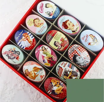 

24pc/box Small Storage Box Vintage Lady Printing Oval Shape Candy Box Handmade Soap Case Mini Tin Jewelry box Small Case