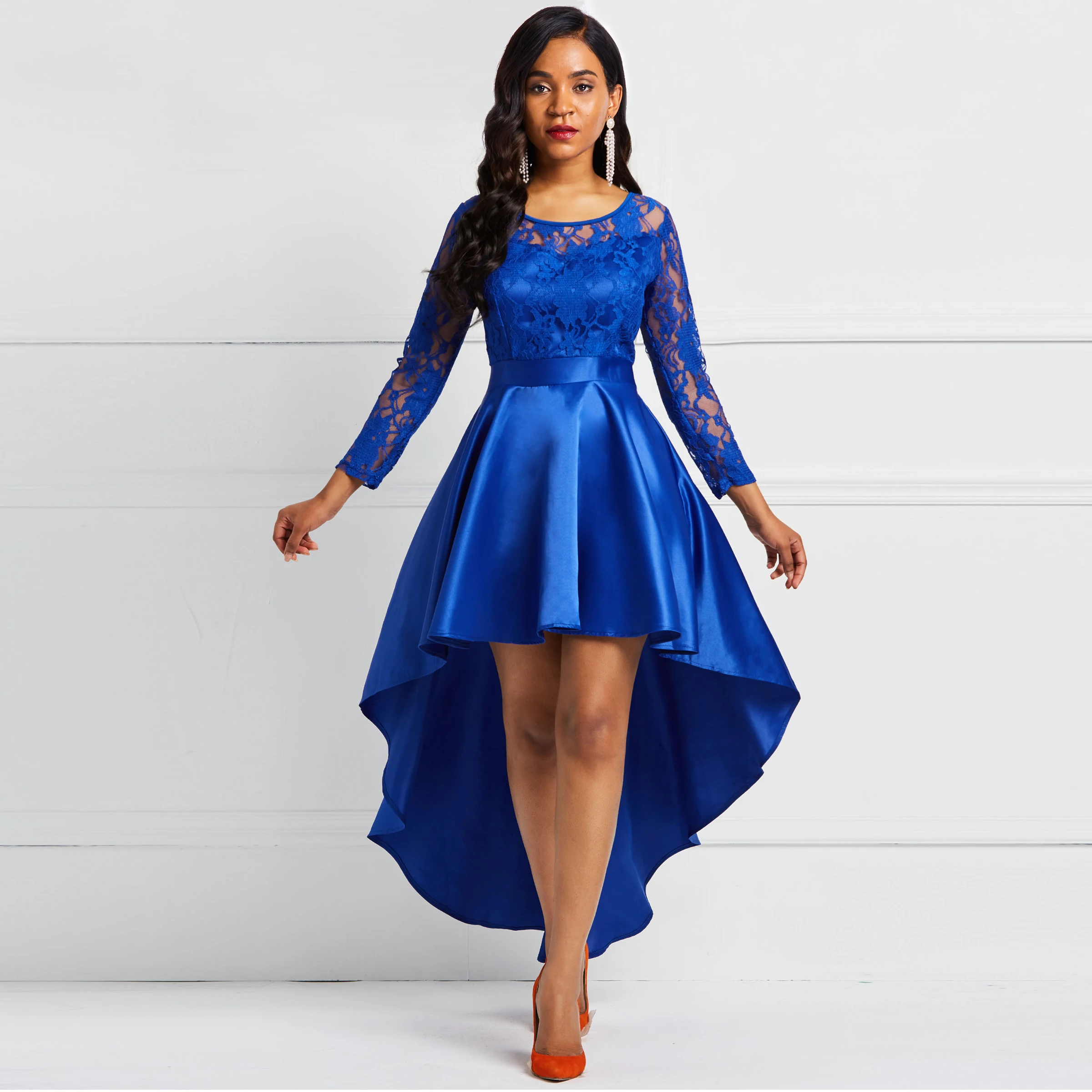 

Lace Dress Women Asymmetric Long Hem Ruffle Blue Elegant Fashion Solid Autumn Party Evening Ladies See Through Sexy Maxi Dresses