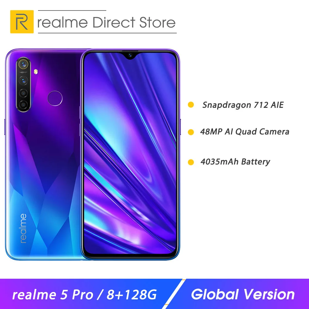 

Realme 5 Pro 8GB RAM 128GB ROM 6.3" Mobile Phone Snapdragon 712AIE 48MP Quad Camera Smartphone 4035mAh 20W VOOC Fast Charger