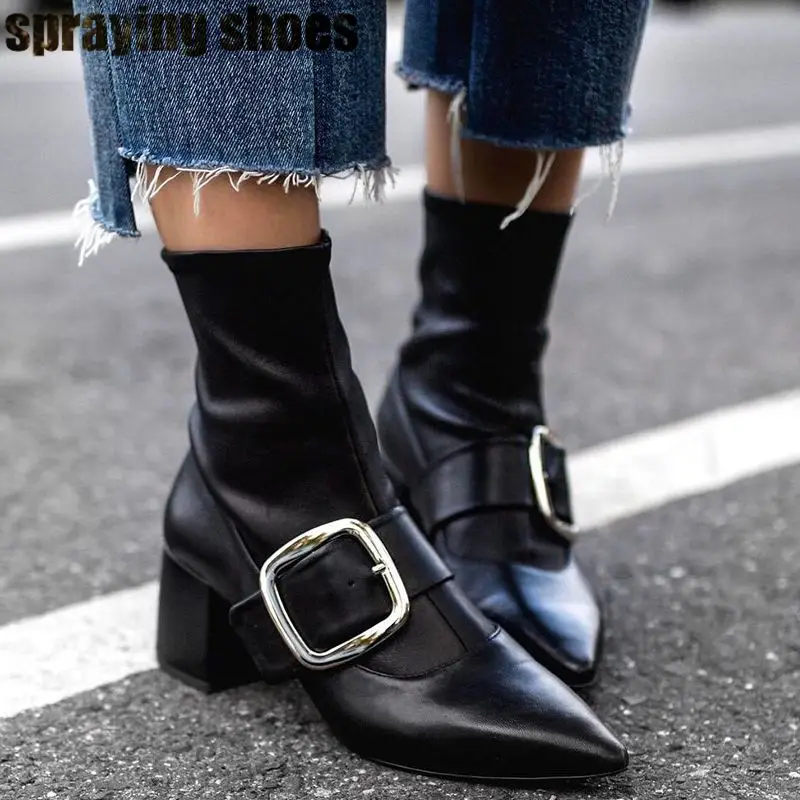 

Sexy Women Ankle Boots Pointy Toe Stretch Leather Booties Square High Heel Sock Boots Fashion Ladies Winter Shoes Riding Boots