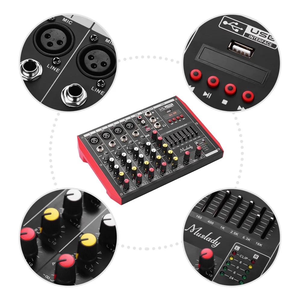 Muslady D6 6 канальный смешивания консольный микшер 7 полосным эквалайзером Built in48V