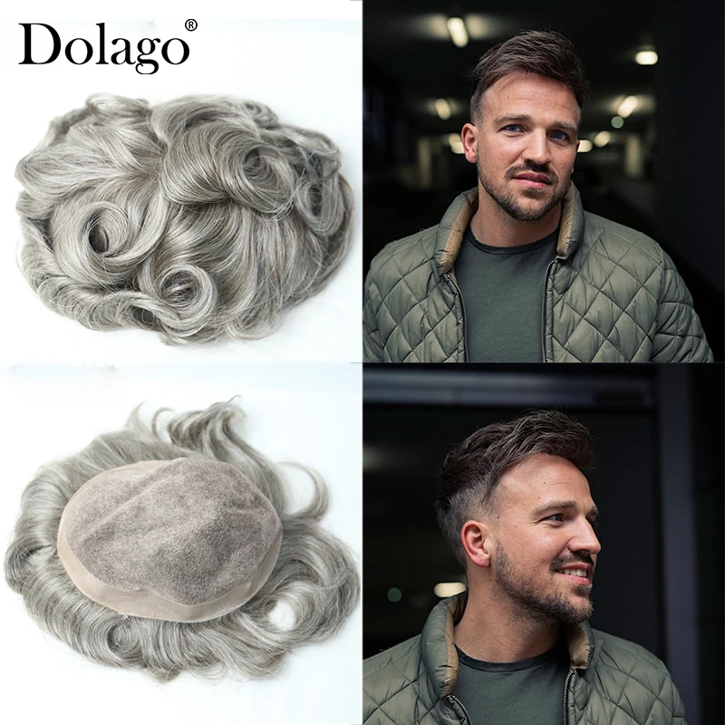 Men Toupee 8x10 Inch French Lace Center with Poly Perimeter Hair Replacement System 450# Hair Men Wig Human Hair Dolago Hair