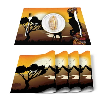 

African Woman Giraffe Silhouette Placemat Washable Cotton Linen Table Cloth Pad Mat Rectangle Placemats Heat Resistant