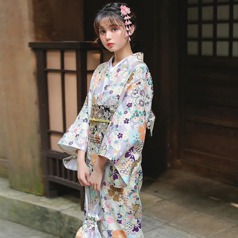 Женское японское кимоно серого цвета с красивым цветочным принтом Япония Traidtional юката косплей одежда для выступления на сцене
