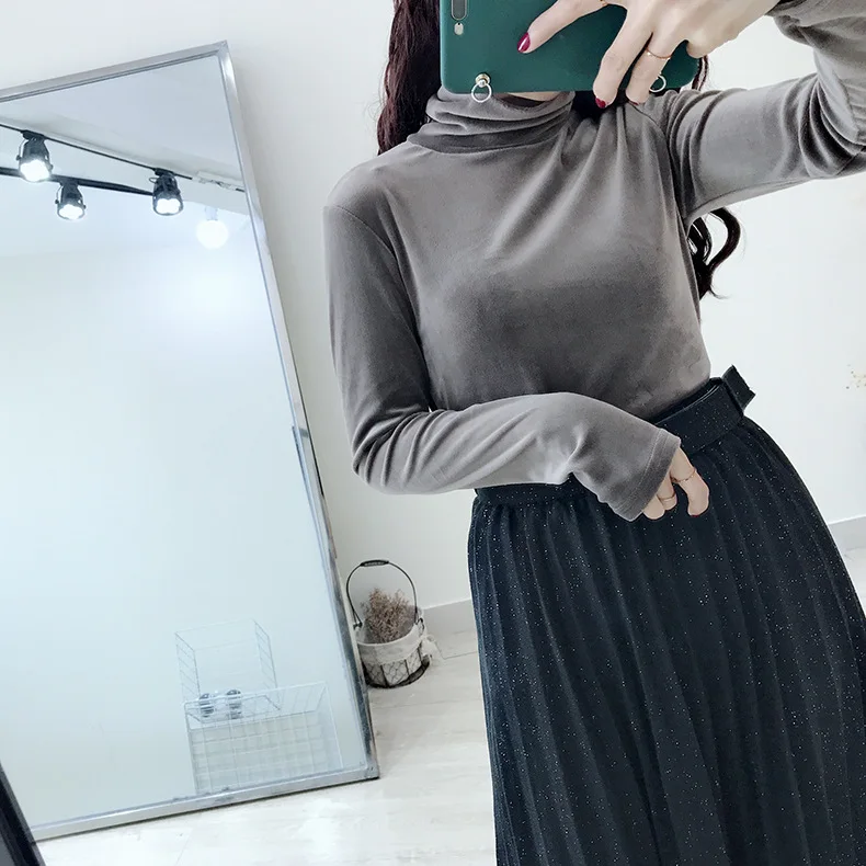 Velvet футболка женская high elasticity одежда для женщин high collar футболка thick solid color футболки long sleeve женские футболки hood inside the футболки женские