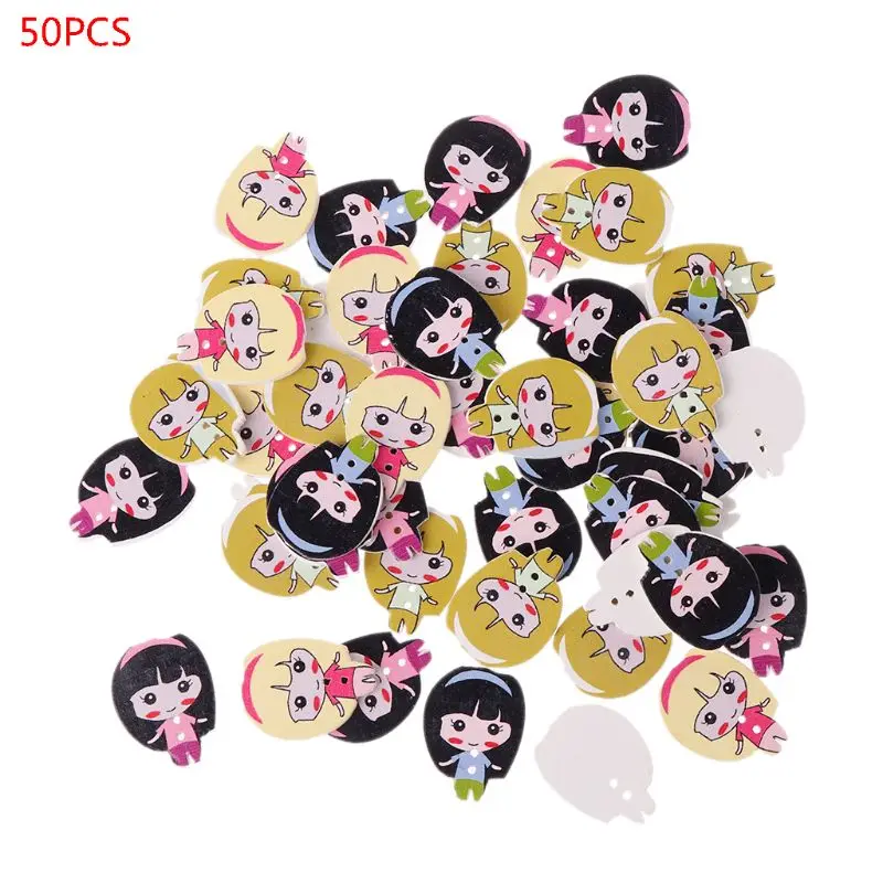 50pcs Girl Pattern Wooden Buttons Sewing Scrapbooking Craft DIY Supplies With 2 Holes Embellishmensts Accessories 72XF