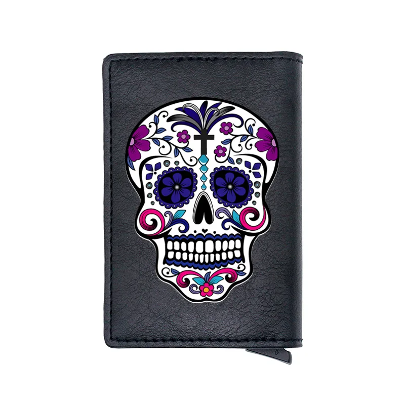 

Cool Black Flower Skull Digital Printing Leather Card Holder Wallet RFID Blocking Steampunk Men Women Short Purse