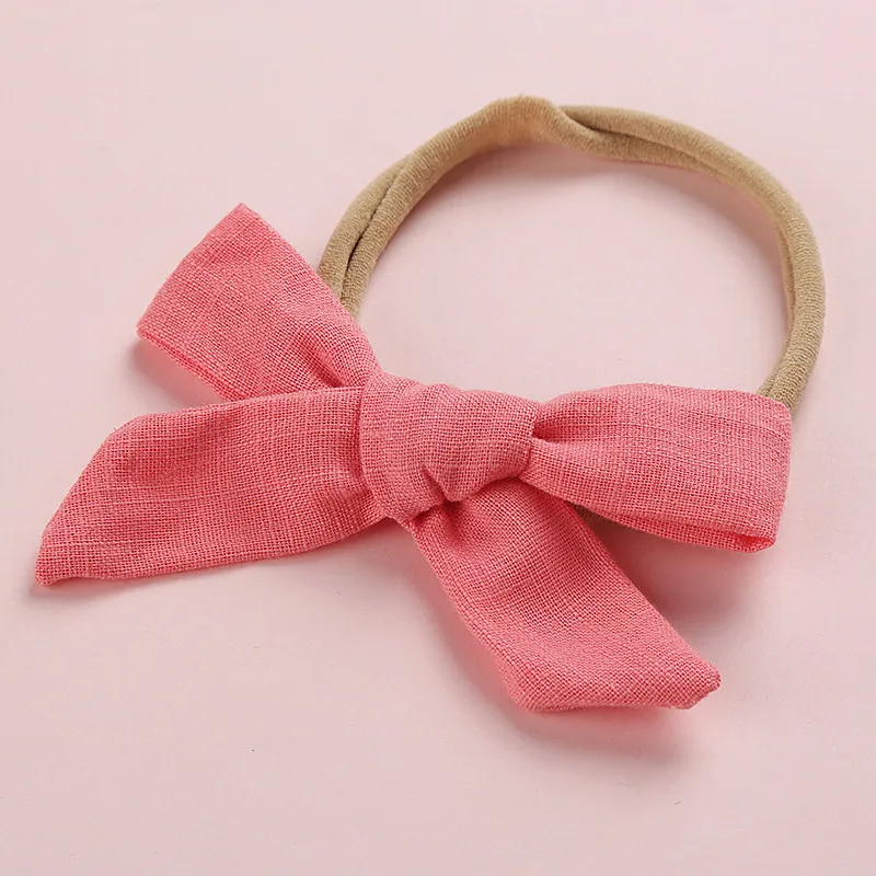 New Baby Toddler Cotton Linen Nylon Bow Headband Solid Color Seamless Kids Top Bows Elastic Hair Bands Headwrap Hair Accessories - Цвет: Арбузно-красный