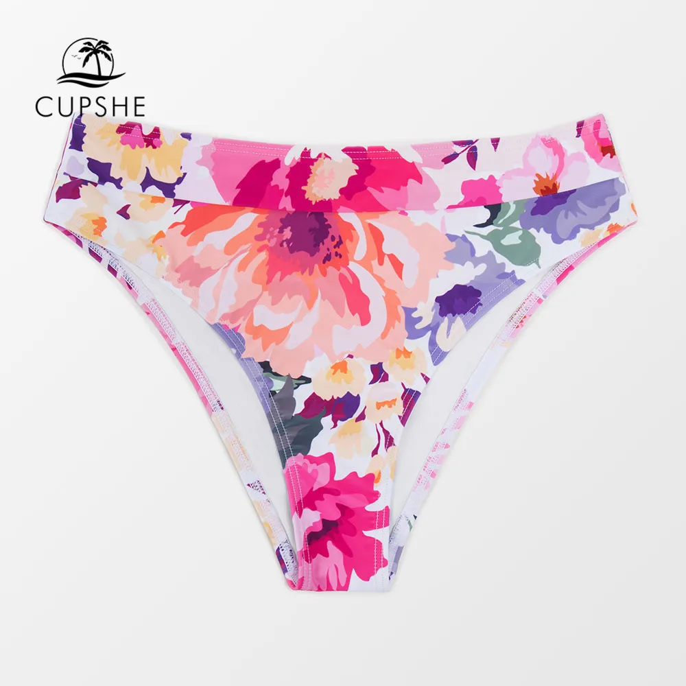 Cupshe Pink Floral Mid Waist Bikini Bottom Swimsuit For Women Sexy Mid