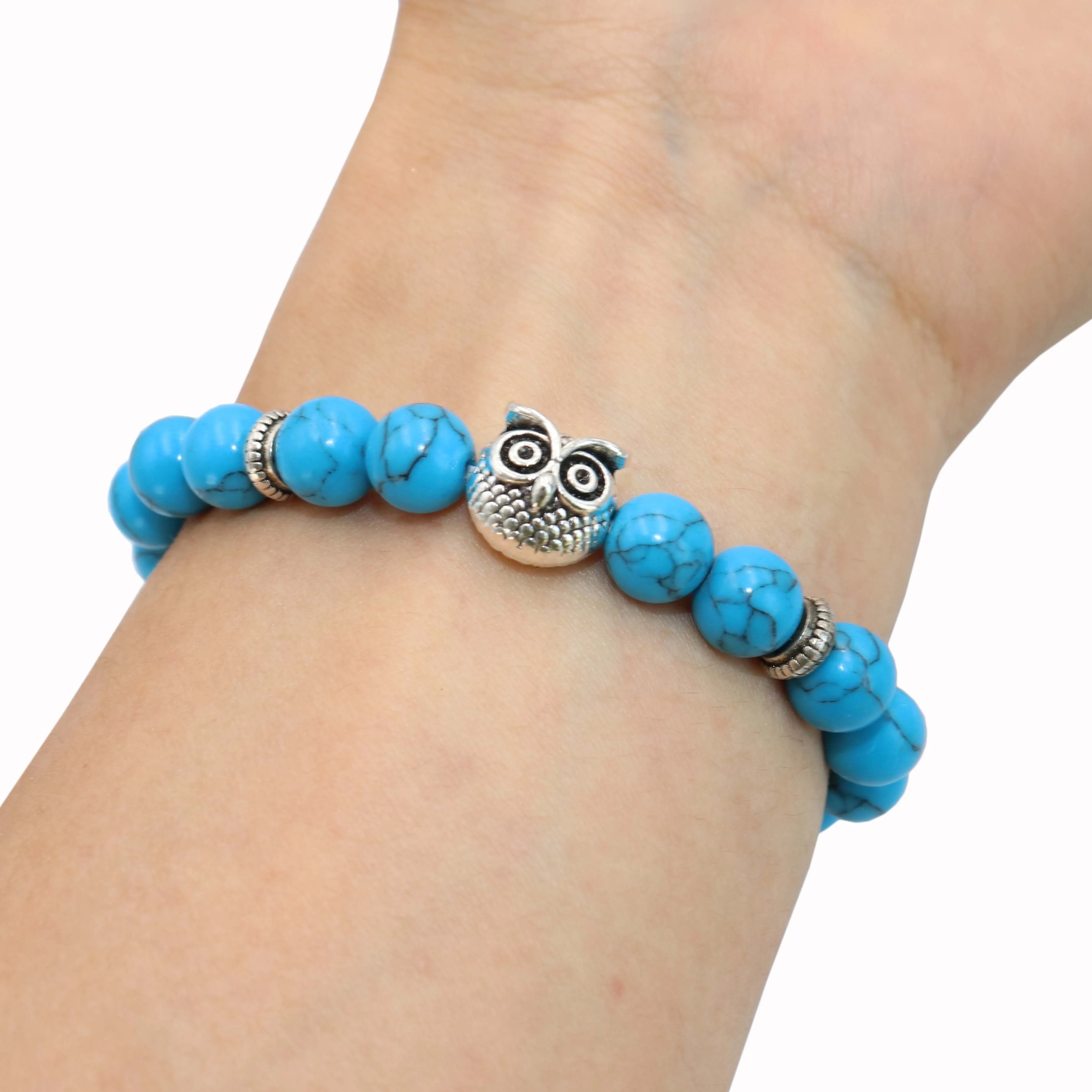 Blue turquoise Природный камень 8 мм Серебряный браслет Сова Агаты тигровый глаз и лавовый камень Бусины Йога чакра браслет ювелирные изделия для мужчин женщин друг подарок - Окраска металла: Blue turquoise