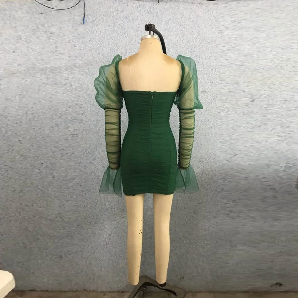 Женское зеленое Сетчатое платье с длинным рукавом, сексуальное, с v-образным вырезом, мини-Клубное модное платье, вечерние платья знаменитостей, Vestido, бодиокн, с открытой спиной