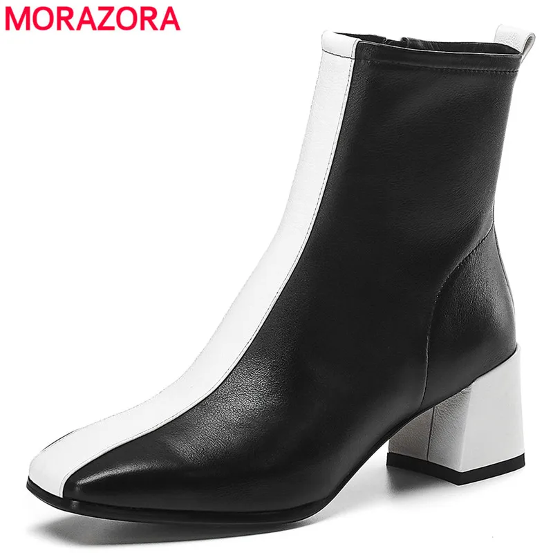 

MORAZORA 2020 hot sale fashion genuine leather simple ankle boots med heels square toe mixed colors women brand boots