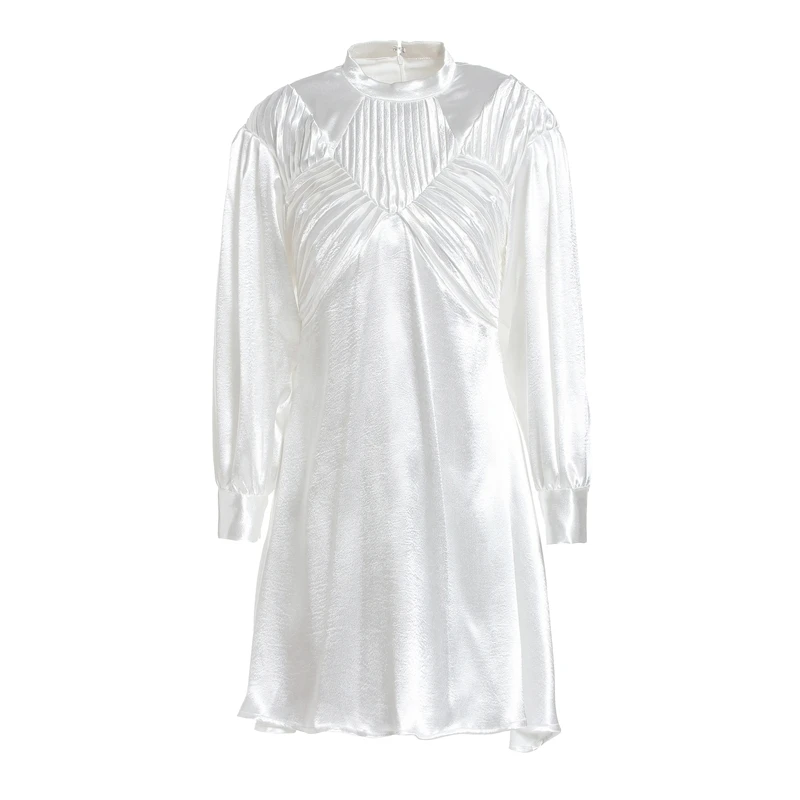 [DEAT] Весна Осень женское темпераментное белое платье трапециевидной формы с рукавом три четверти и стоячим воротником с высокой талией LE48 - Цвет: white