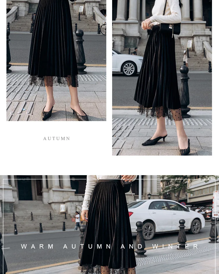 new autumn dot mesh skirt maxi women pleated pink skirts velvet winter long skirts for ladies streetwear jupe mujer