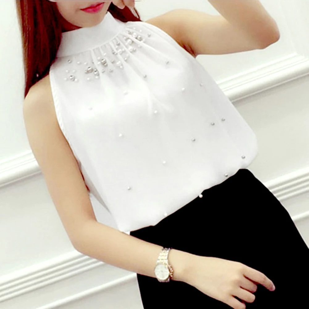 Женская шифоновая блузка без рукавов с ложным воротником и бусинами|Блузки| |