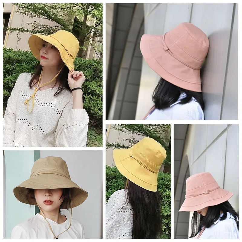 ENJOYFUR Women Cotton Summer Sun Hats Wide Brim Foldable Fashion Beach Hat Adjustable Lace-up UV Sun protection Female Cap New