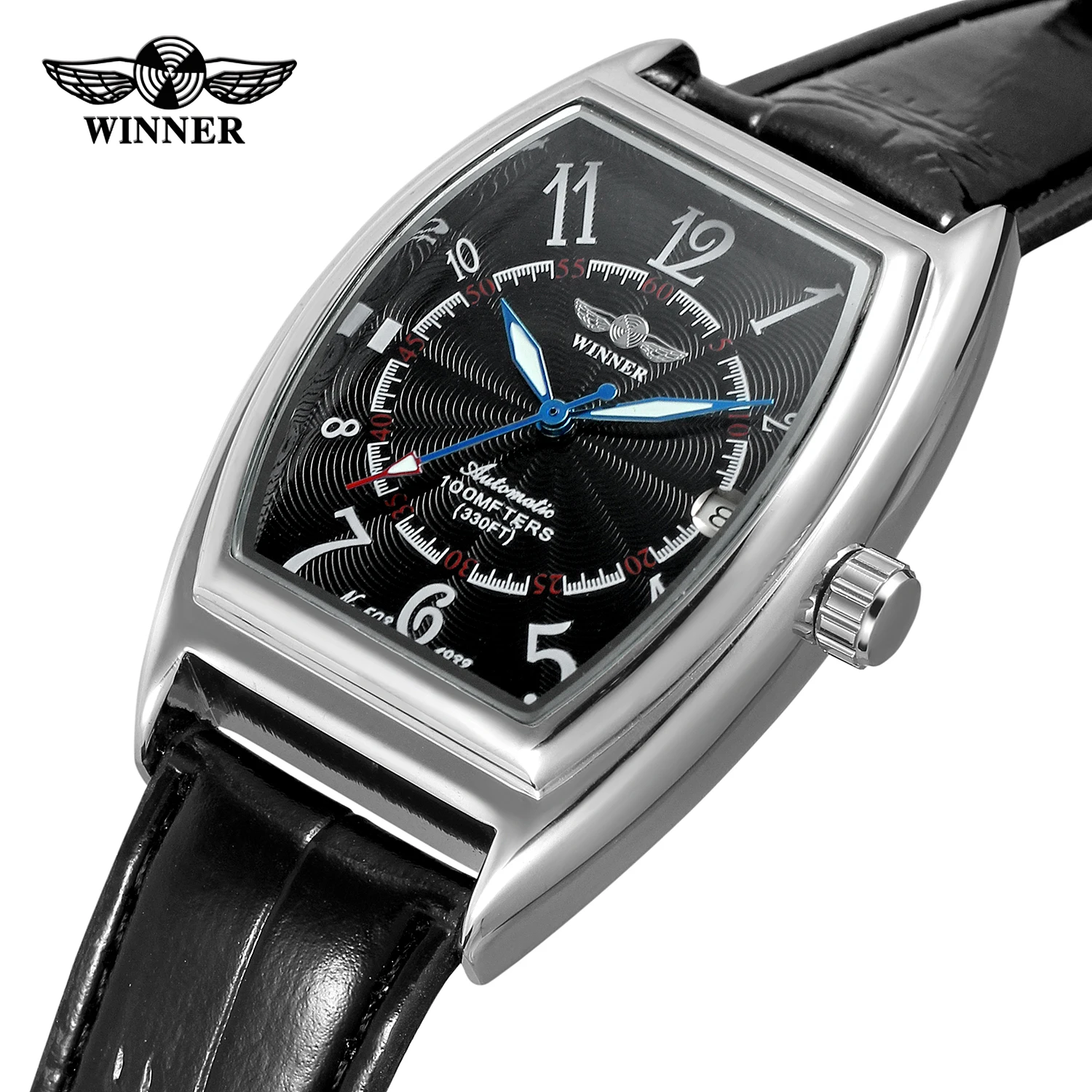 T-WINNER Модные Простые повседневные мужские часы прямоугольный черный циферблат серебряный корпус черный кожаный ремешок автоматические механические часы