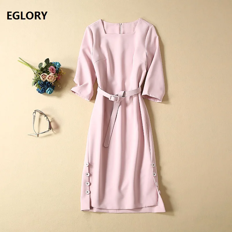 

Elegant Work Dress 2019 Autumn Fashion Business Women Square Collar Side Button Patchwork Belted Mid-Calf Pencil Dress Female