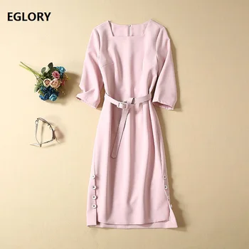 

Elegant Work Dress 2020 Autumn Fashion Business Women Square Collar Side Button Patchwork Belted Mid-Calf Pencil Dress Female