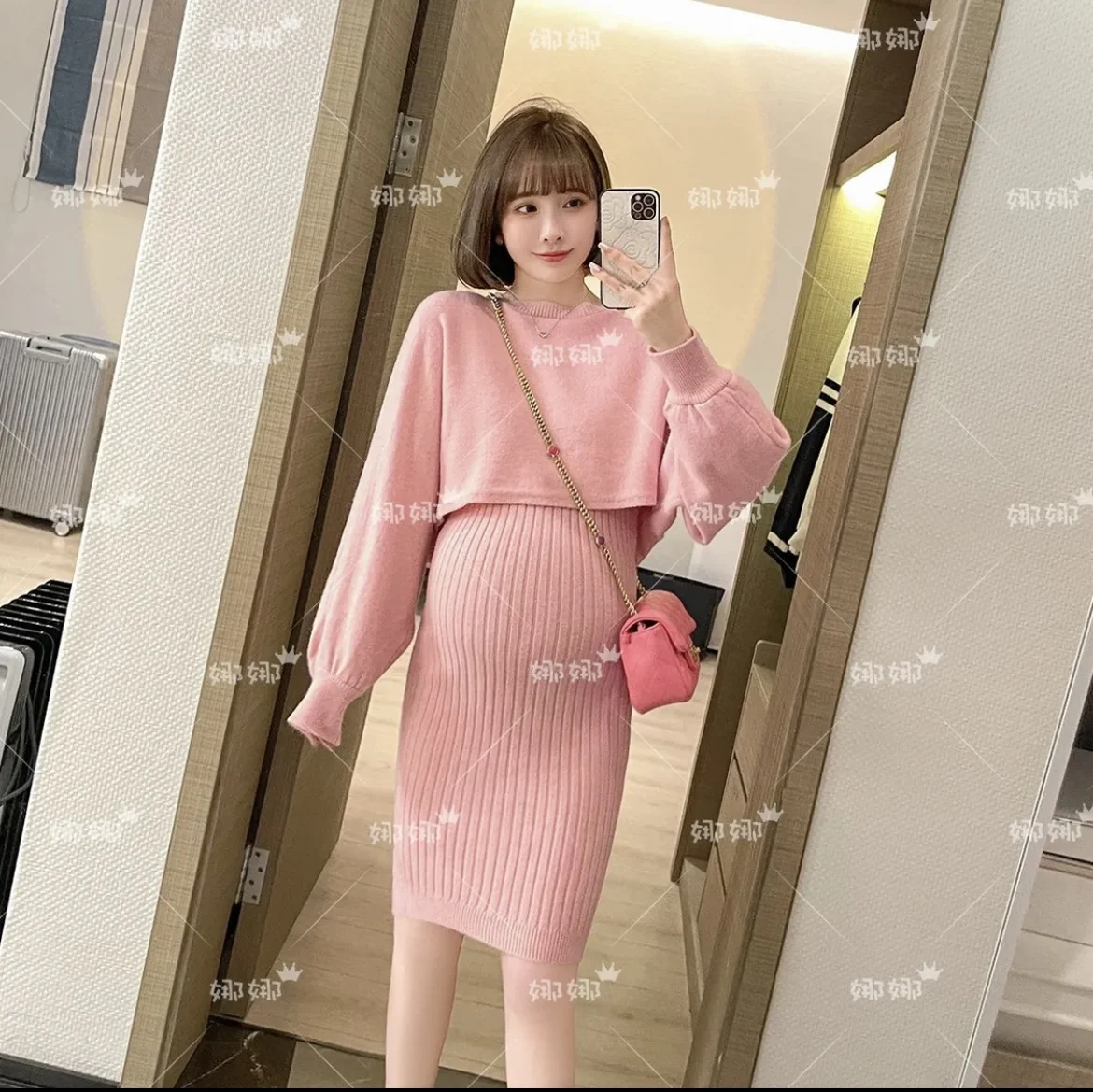 8620# Autumn Winter Korean Fashion Knitted Maternity Sweaters Dress Chic Ins Elegant A Line Slim Clothes for Pregnant Women