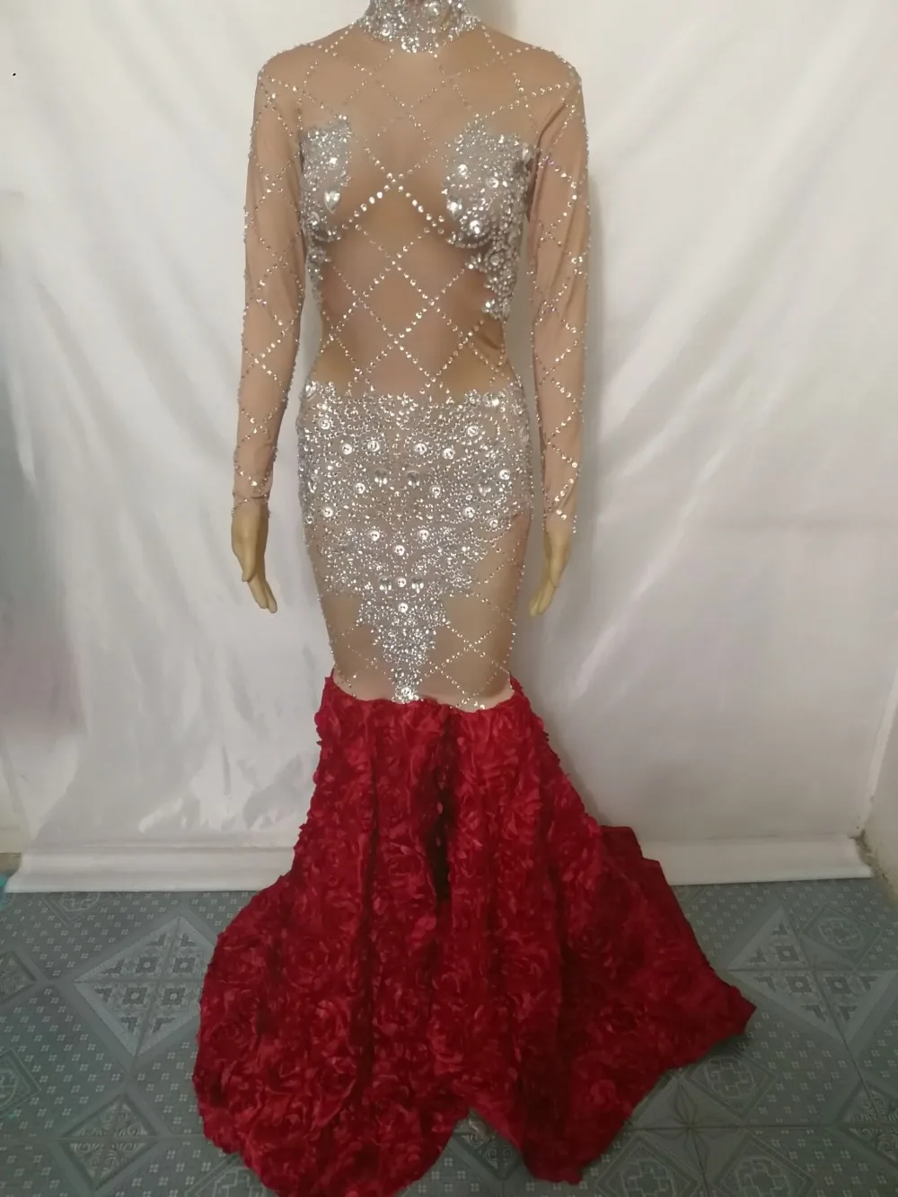 Дамское Платье со шлейфом из блестящих камней, платье с розами и стразами «рыбий хвост», высококачественный костюм для вечеринки, выпускного, подиума, сценический наряд